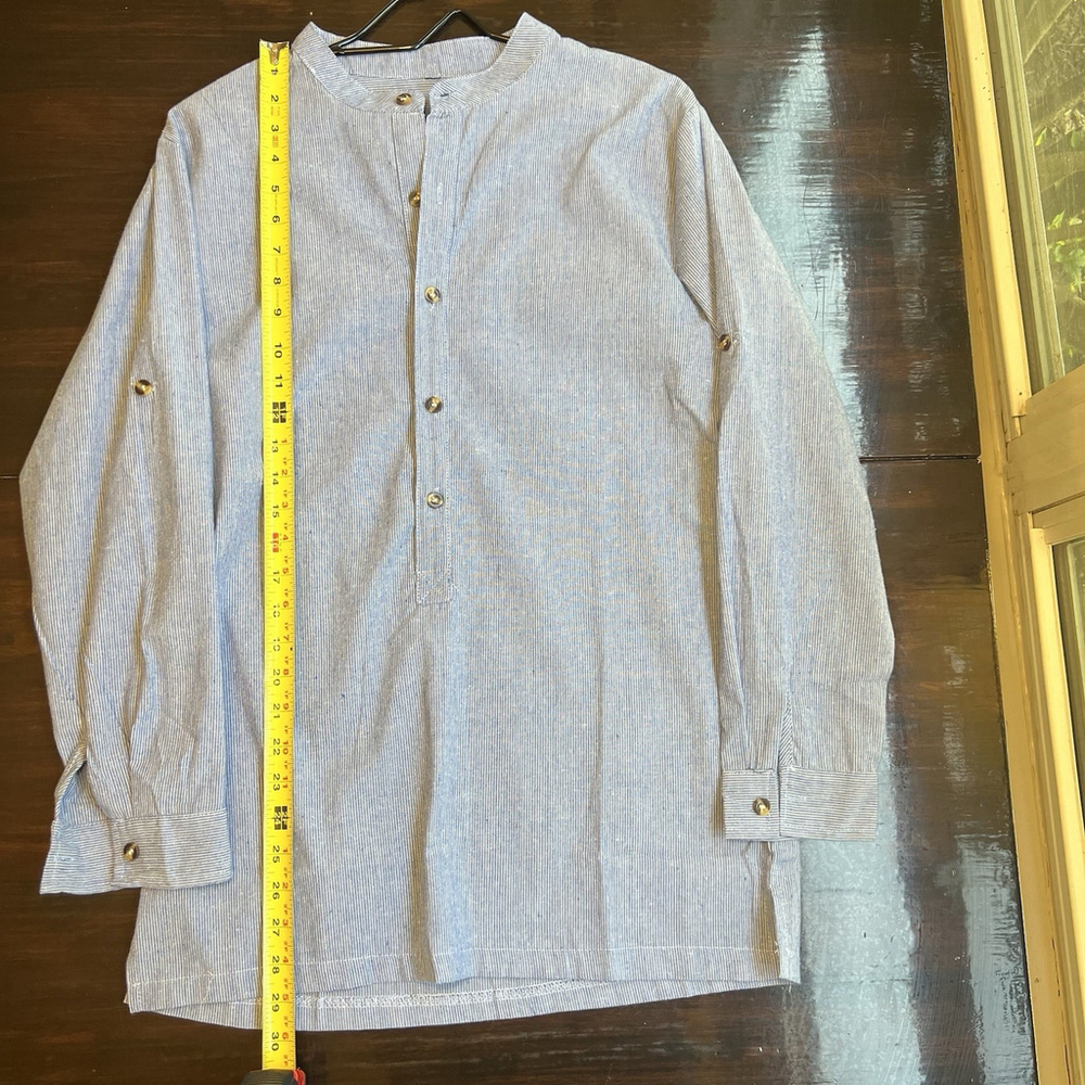 Tunic Top V-Neck Button Roll-Tab Sleeve Blue Stripe Woman’s Large No Tag - Picture 13 of 16